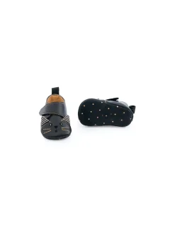 Chaussons cuir chat noir Les moustaches 6/12 m - Moulin Roty